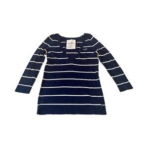 Y2K Hollister Striped Navy Blue Shirt Top Cotton Blend Logo Sz Medium
